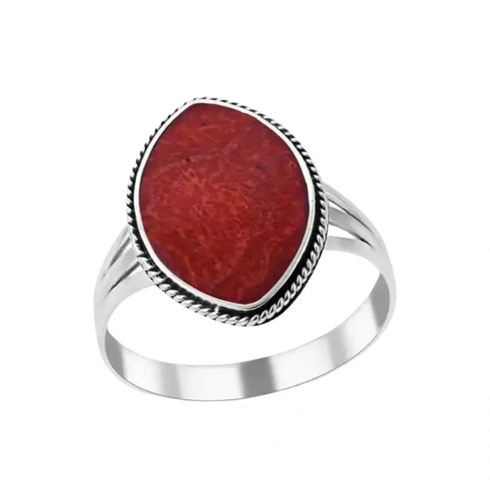 Coral Sponge Dark Red Marquee Shaped Sterling Silver Ring